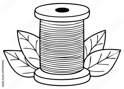 Sewing thread spool with leaves outline illustration