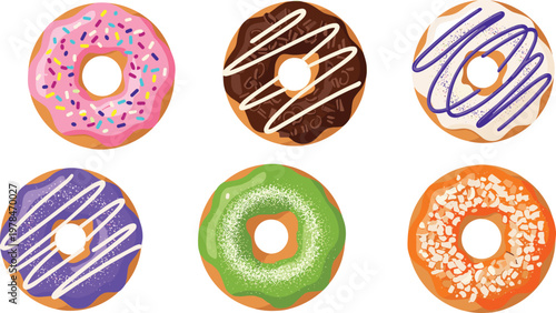 Colorful Donut Set Vector Illustration with Different Flavors, Sprinkles, and Icing for Bakery and Dessert Design Projects