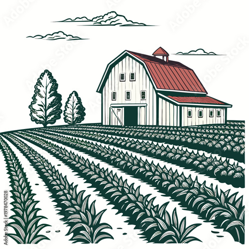 Vintage style illustration of a rustic red-roofed barn standing amidst a vast cultivated crop field with rows stretching into the distance and two tall trees under a cloudy sky, two large trees