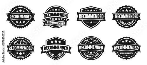 Recommended badge in black. Quality endorsement label with stars for trusted products