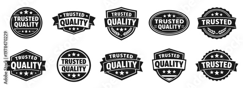 Trusted quality badge collection in black. Set of reliability labels with stars laurels and trust emphasis