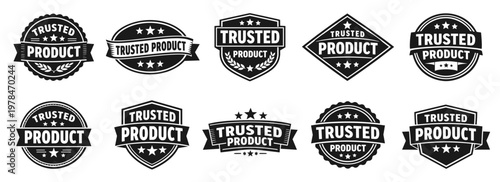 Trusted product badge collection in black. Set of reliability labels with stars shields and approval design