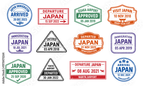 Japan immigration stamp collection. Retro passport badges with arrival departure and approved marks. Vintage airport travel style