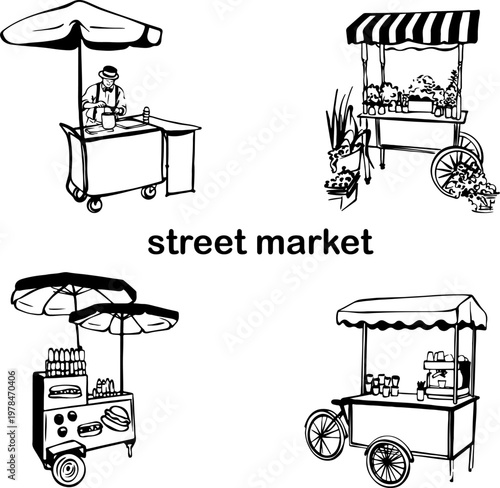 Street market stalls and food carts collection vector line art