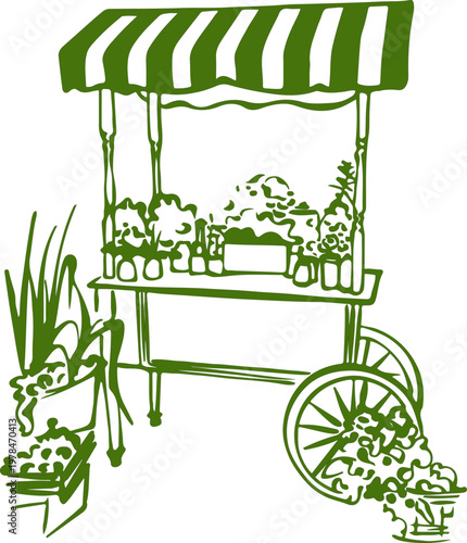 Street market garden cart with plants and flowers vector illustration