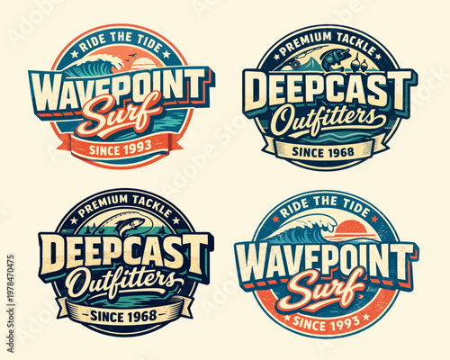 Vintage surf and fishing badge set. Collection of retro styled ocean and outdoor labels with waves fish and marine elements