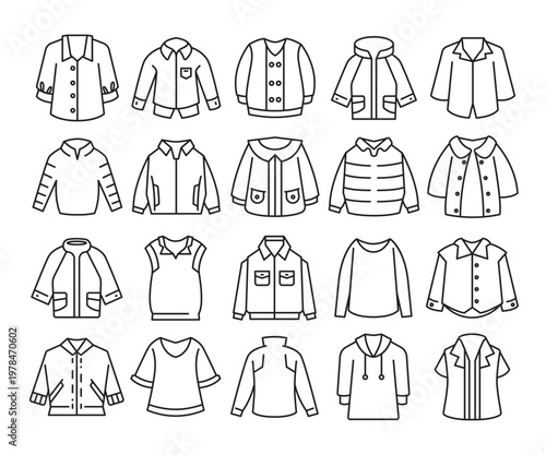 set of clothes, shirt and jacket icons line illustration