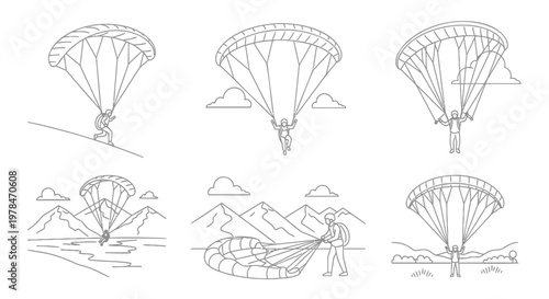 Parachute, Paragliding, Skydiving, Adventure Icons, Vector Illustrations