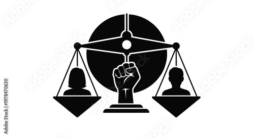 A symbolic representation of justice depicts balance equality and a raised fist signifying resistance