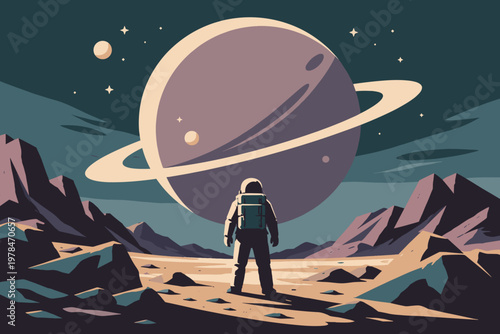Astronaut exploring alien planet. Sci fi landscape with large ringed planet mountains and minimal retro futuristic composition