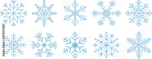 Blue snowflake collection set, winter frozen ice crystal shapes for Christmas holiday decoration isolated vector illustration