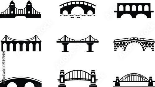 Bridge silhouette vector icon set, black architectural construction collection for travel, city transport, infrastructure design