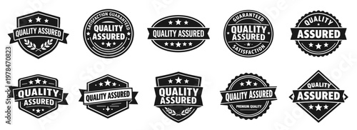 Quality assured badge collection in black. Set of assurance labels with stars shields and certification look