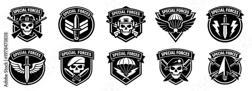 Special forces military badge in black. Tactical emblem with skull weapon symbols and elite unit identity