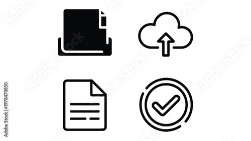 Document and cloud storage: A minimalist composition of four distinct symbols representing file management, highlighting themes of information storage, and cloud computing. 