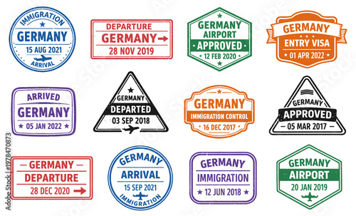 Germany immigration stamp collection. Vintage travel badges with arrival departure and approved signs. Retro airport passport style