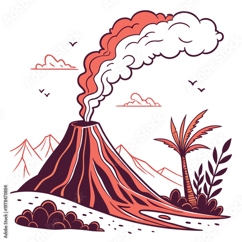 Volcanic eruption illustration with smoke and landscape eruption mountain disaster explosion landscape illustration environment geological geography tropical volcanic