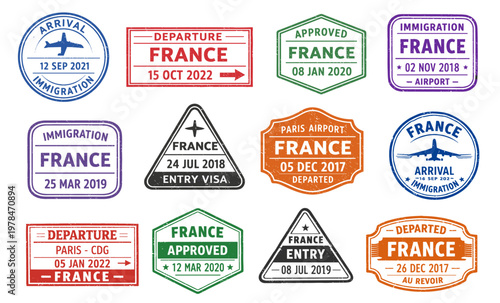 France immigration stamp collection. Retro passport badges with arrival departure and approved signs. Vintage airport travel theme