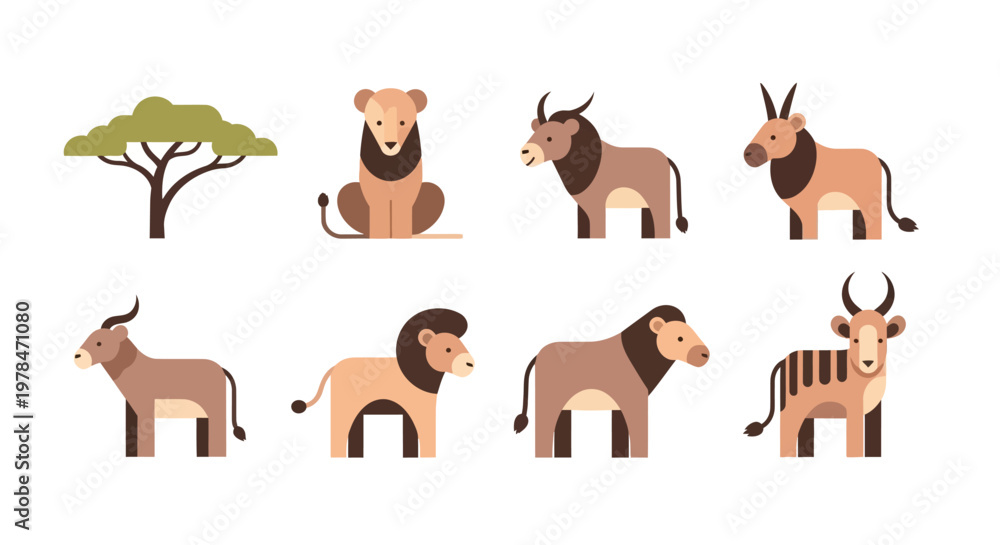 Fototapeta premium A group of wild animals including lions and antelopes standing under a tree in the savannah.