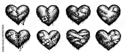 Dark broken hearts collection. Set of damaged stitched hearts with grunge texture and dripping details