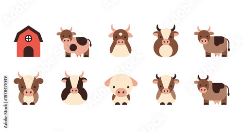 Cows and a barn with various cow faces are shown outside