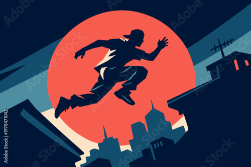 Running silhouette action scene. Man jumping across rooftops with city skyline and dynamic sunset background