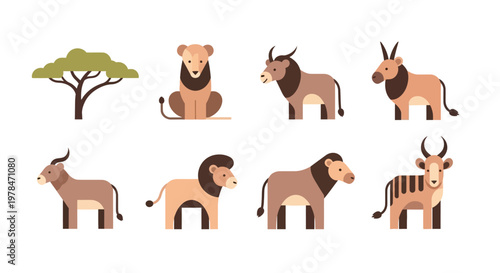 Photography A group of wild animals including lions and antelopes standing under a tree in the savannah