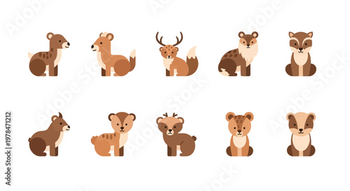 Various animals including deer, bear, wolf, fox, and rabbit are sitting in a row.