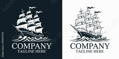 Two nautical featuring a sailing ship on waves with company name and tagline