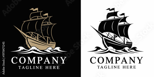 Two Nautical with a Ship on Waves and Company Tagline Text black white gold