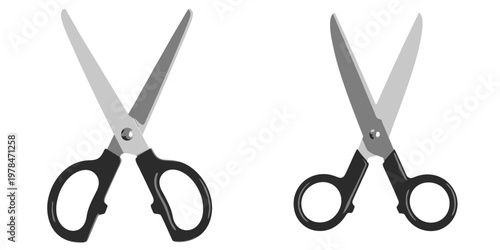 Two pairs of black and silver scissors with open blades on white background black handles