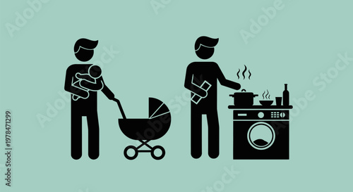 Father doing chores with baby stroller.
