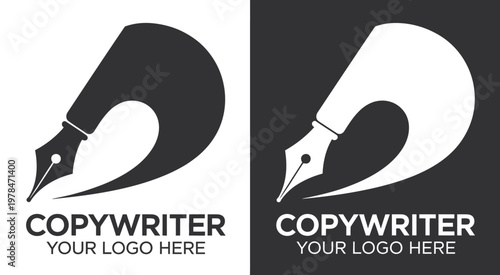Two with a quill pen forming a letter d and the word copywriter underneath on black and white
