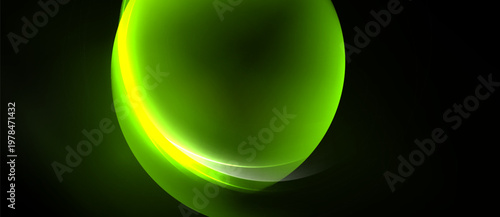 Abstract green light curves form circular shape. Dark background emphasizes glowing elements, creating dynamic visual effect.