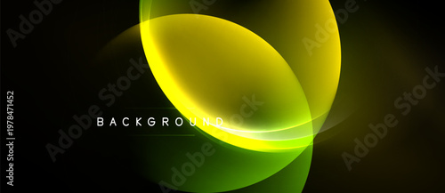 Abstract design features overlapping yellow, green shapes. Dark background enhances vibrant color gradients, creating modern visual effect.