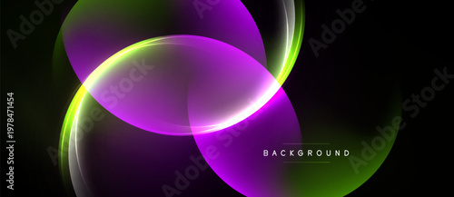 Abstract neon shapes overlap, creating vibrant purple, green glow. Dark background emphasizes luminosity, modern design element.