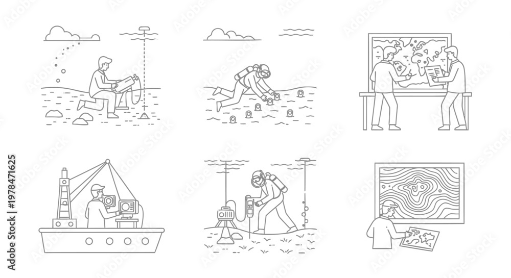 Fototapeta premium Fishing, outdoor activities, line icons, 6 illustrations, vector graphics