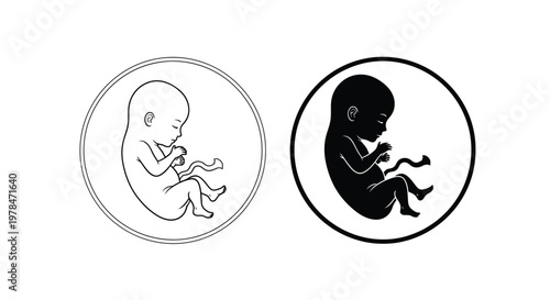 Two depictions of a human fetus in a circular frame shown in positive and negative space