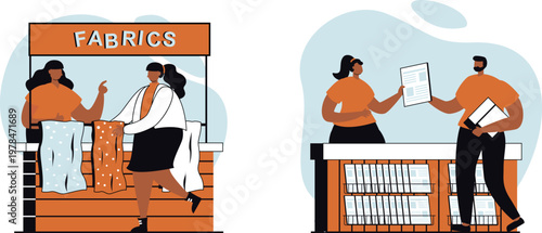 People working in a fabric store with a customer examining textiles