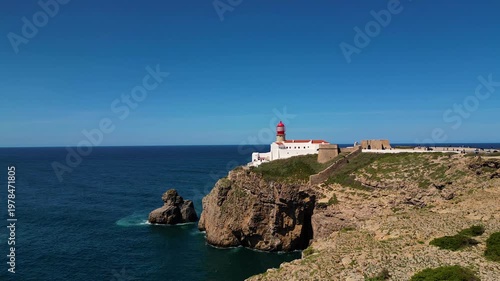Aerial View on Lighthouse of Cape St. Vincent Algarve Portugal, moving up