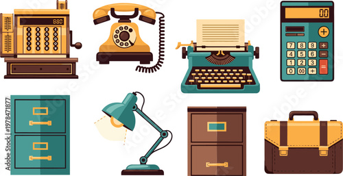 Vintage Office Equipment Icon Set with Cash Register, Typewriter, Telephone, Filing Cabinet, and Desk Lamp for Retro Workspace Designs
