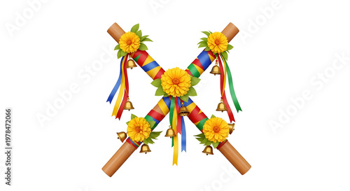 Crossed wooden Dandiya sticks decorated with bright ribbons and marigold flowers