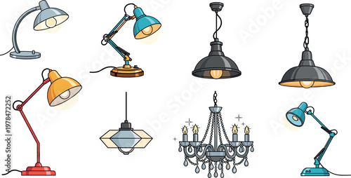 Lighting Icon Set with Desk Lamps, Chandeliers, Pendant Lights, and Hanging Lamps for Interior Design and Home Decor Illustrations