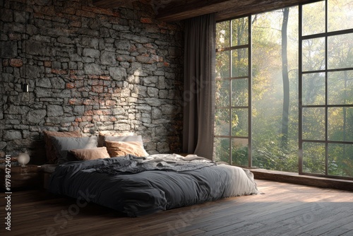 Cozy bedroom with stone wall and large window overlooking a sunlit forest.
