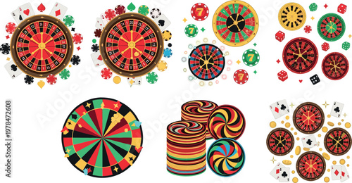 Casino Game Icon Set with Dartboards, Dice, Chips, Cards, and Lollipops for Gaming, Luck, and Entertainment Designs