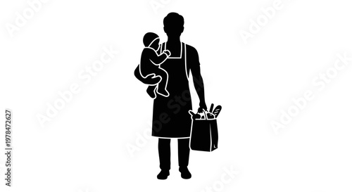 Mother holding baby and shopping bag.