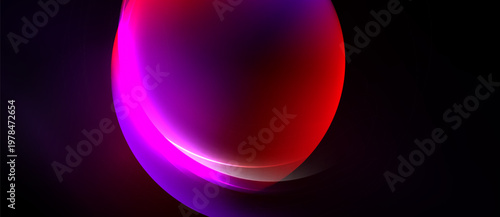 Abstract vibrant light shapes overlap, creating glowing red, purple hues against dark background. Smooth gradients define form.