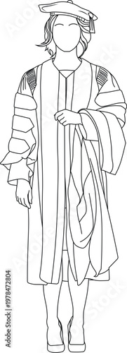 drawing of a woman wearing a PhD and doctorate graduation regalia front view vector illustration. Female graduate vector illustration. 