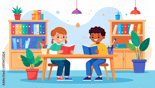 Children Studying at Home Vector Illustration, Online Learning Kids, Back to School Education Concept