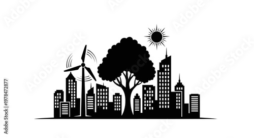 City Skyline with Wind Turbine Silhouette.